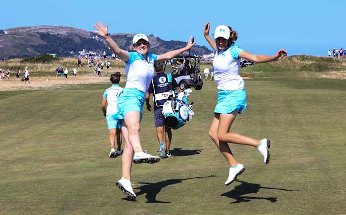 Lauren Walsh (left) and Caley McGinty enjoy themselves in the 2021 Curtis Cup at Conwy Golf Club.